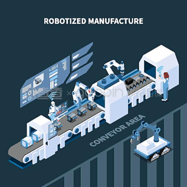 自動化制造等距組合與自動化輸送機機械設備接口元件控制面板矢量圖示